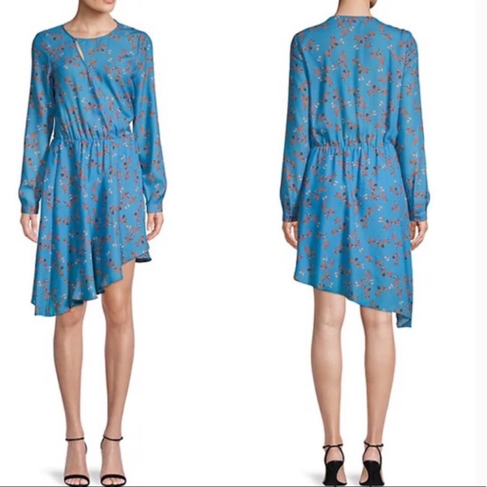Parker NY, Large Long Sleeve Asymmetrical Blue Floral Wrap Dress.